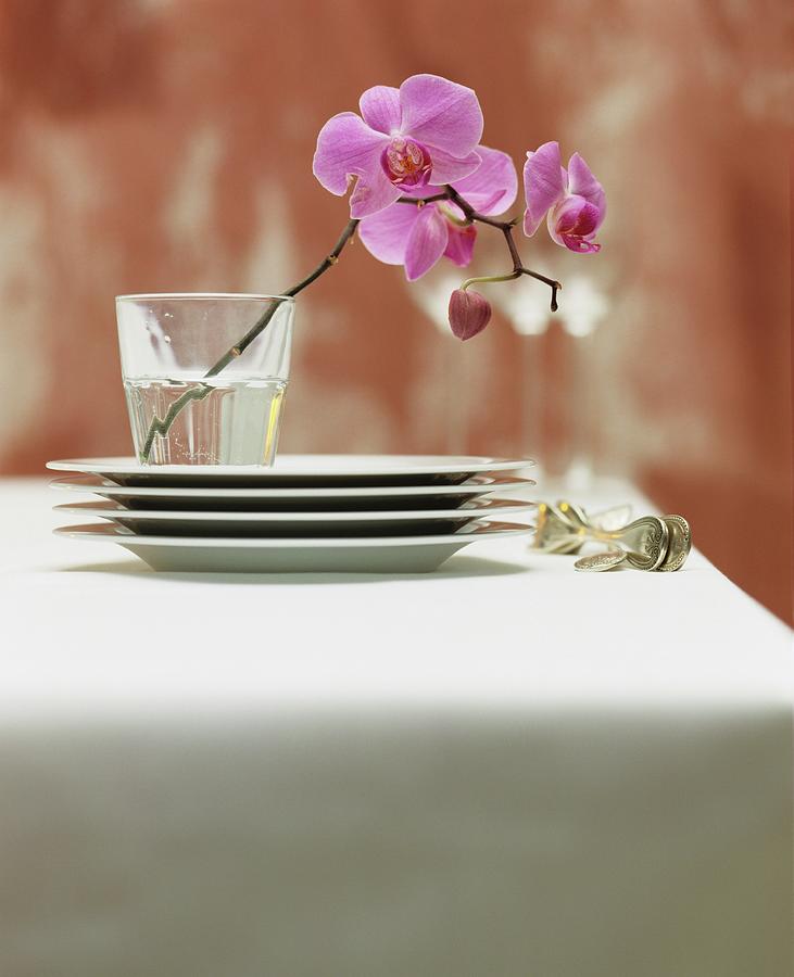 A Stack Of Plates And Silver Cutlery Next To A Glass Holding Purple Orchid Flowers Photograph by Michael Wissing