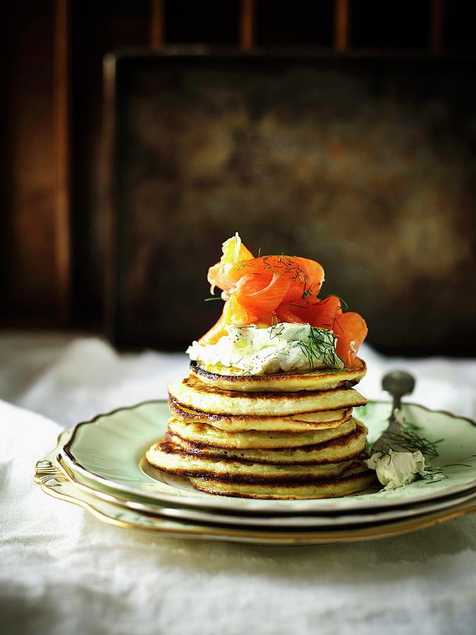 A Stack Of Potato Pancakes With Herb Crme Frache And Smoked Salmon Photograph by Great Stock!