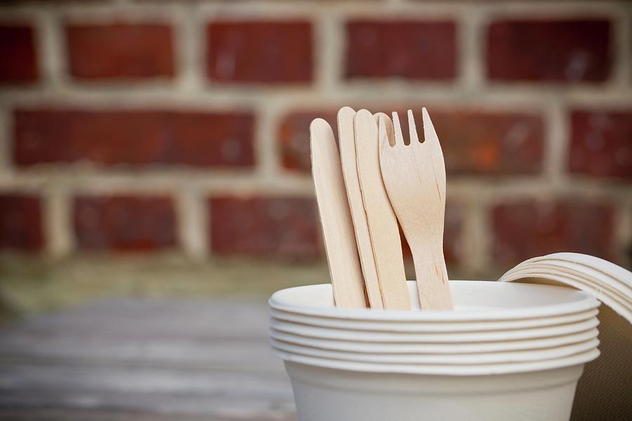 A Stack Of Take-away Cups With Wooden Forks Photograph by Esther Hildebrandt