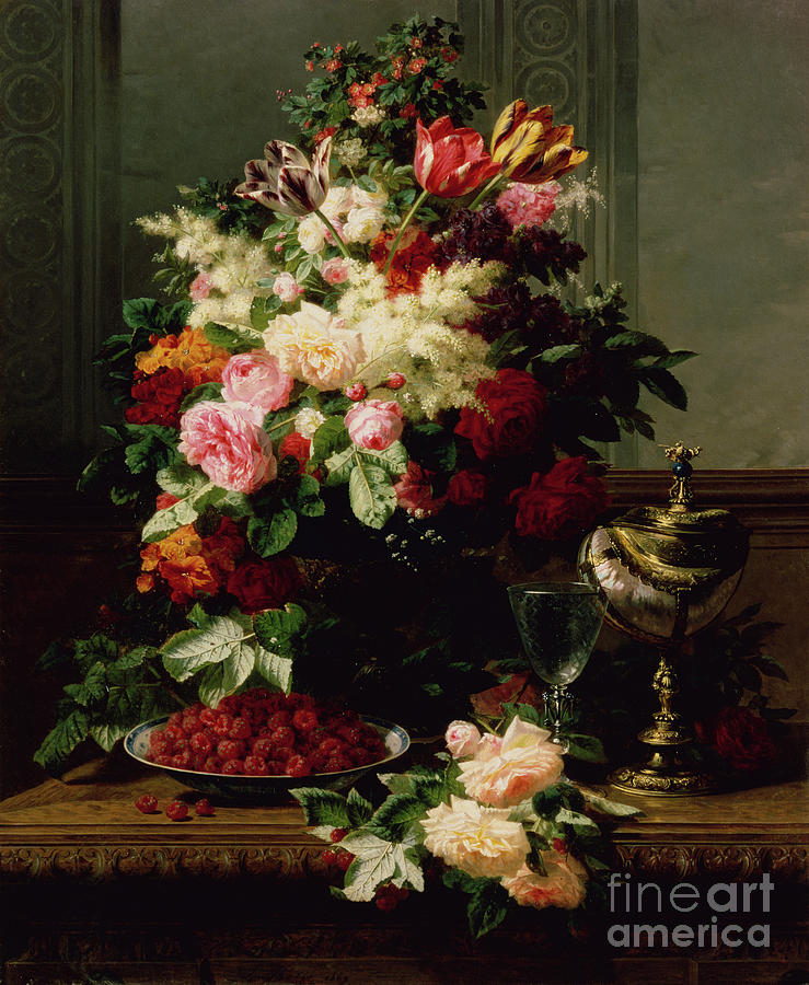 A Still Life Of Roses, Tulips And Other Flowers On A German Compote, 1869 Painting by Jean Baptiste Robie