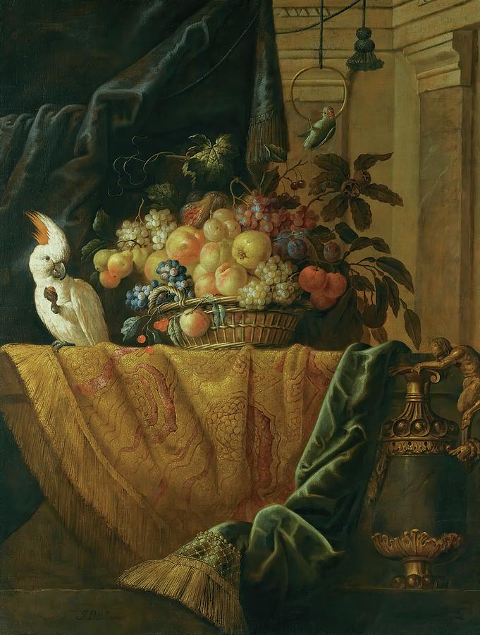 Still Life Painting - A Still Life With A Basket Of Fruit And A Parakeet by Jan Pauwel Gillemans The Younger