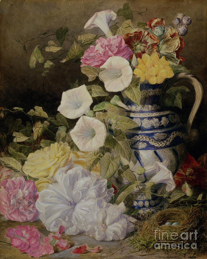 A Still Life With A Vase Of Flowers, 1860 Watercolor Painting by Mary Elizabeth Duffield