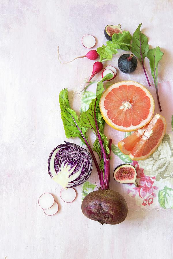 A Still Life With Beetroot, Figs, Grapefruit, Radishes, And Red Cabbage Photograph by Great Stock!