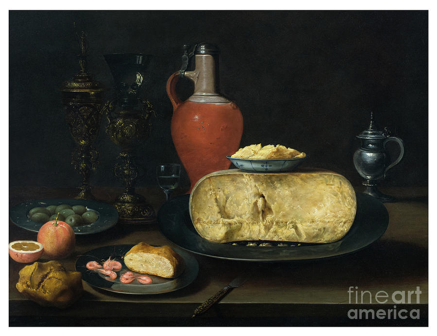 A Still Life With Cheese, Butter, Bread, Prawns, Oranges, Olives And Wine On A Table, 1800-1900 Painting by Dutch School