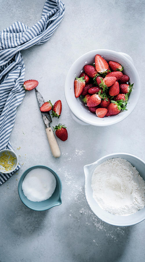 A Still Life With Strawberries, Flour, Sugar And Lemon Zest Photograph by Silvia Palma Photography