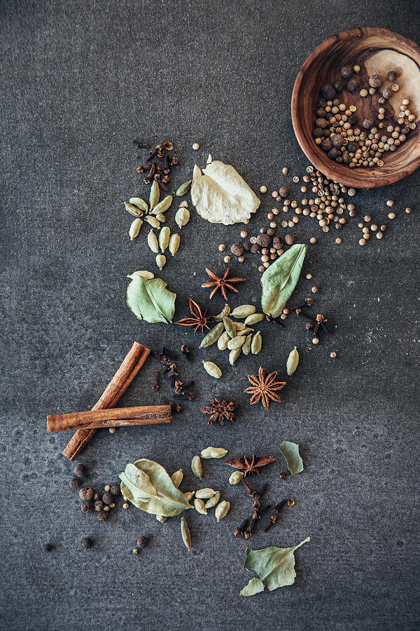 A Still Life With Various Spices On A Dark Surface top View Photograph by Denise Rene Schuster