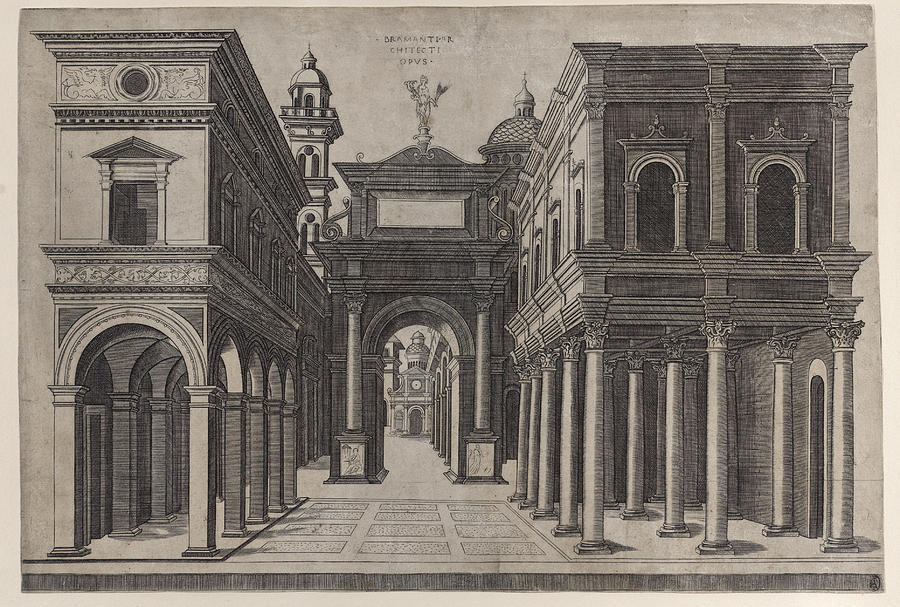 A street with various buildings, colonnades and an arch Drawing by Donato Bramante
