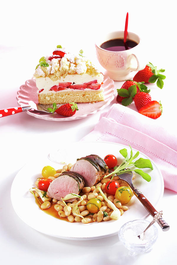 A Summer Menu With Pork Fillet, Strawberry Cake And Coffee Photograph by Teubner Foodfoto