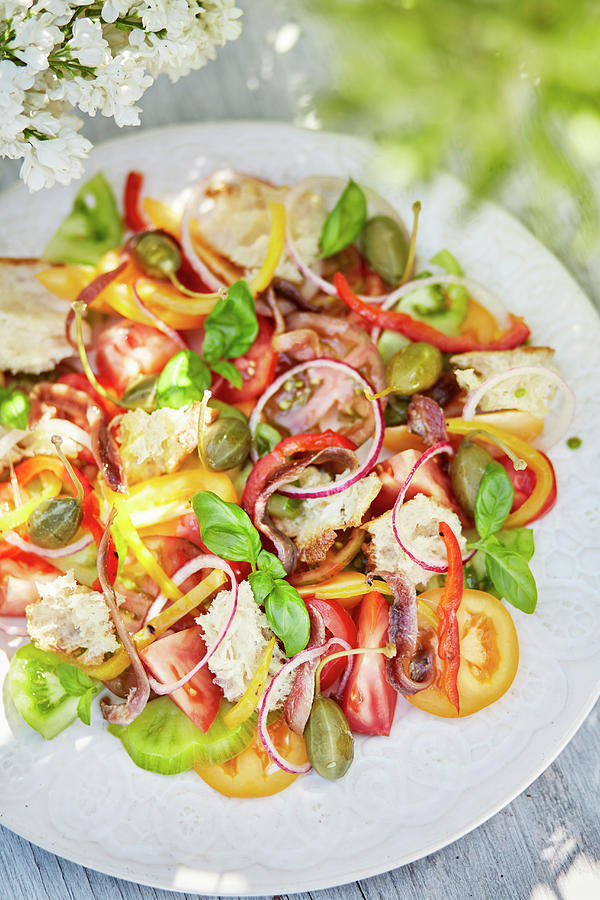 A Summery Tomato And Bread Salad On A Table Outdoors Photograph by Winfried Heinze