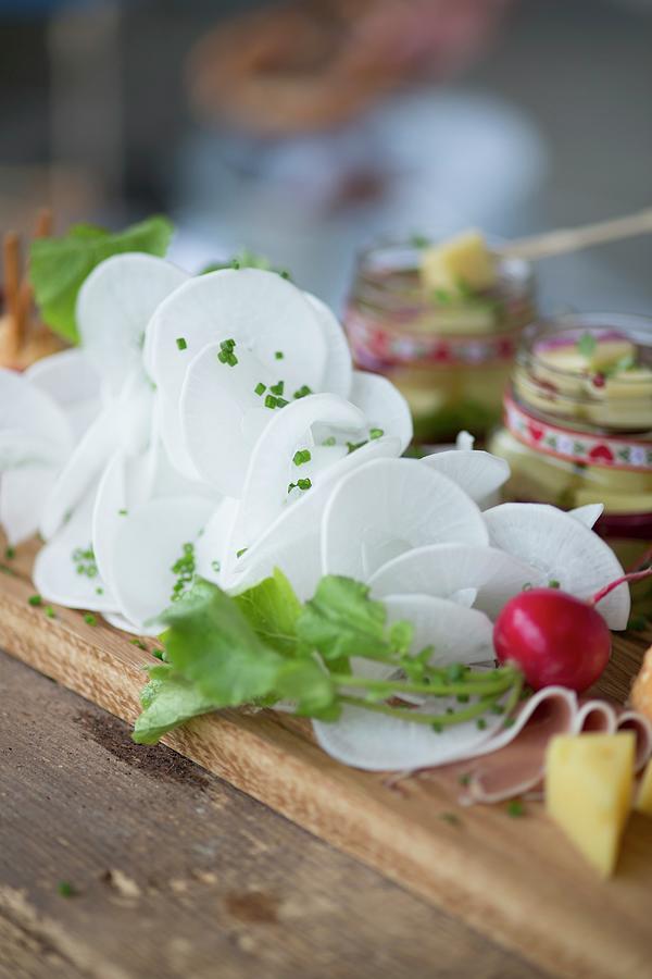A Supper Board With Cheese, Obatzda bavarian Cheese Spread And Radishes At Oktober Fest Photograph by Eising Studio