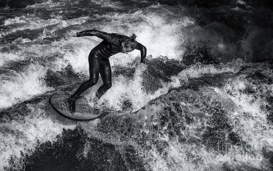 A Surfer At Eisbachwelle, Munich, No2 - Monochrome Photograph by Philip Preston