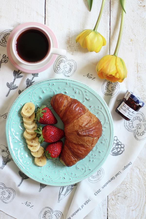 A Sweet Breakfast With A Croissant, Fruit, Jam And Coffee Photograph by Sylvia E.k Photography
