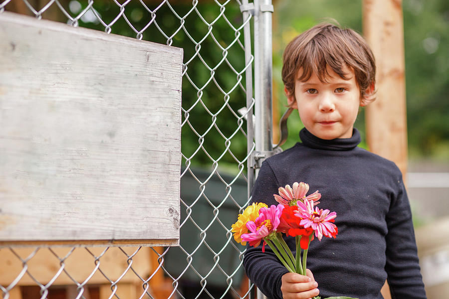 Flower Photograph - A Sweet Little Boy Stands With Bunch Of Wildflowers In Front Of Fence by Cavan Images