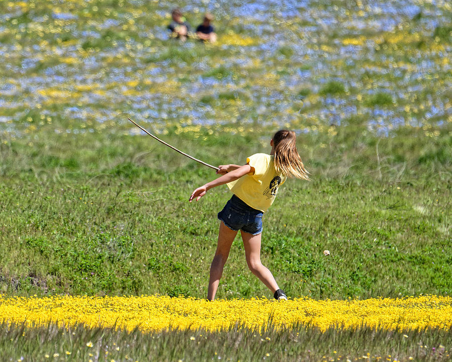 A Swing and a Miss -- Girl Playing in Flower Field in Santa Margarita, California Photograph by Darin Volpe