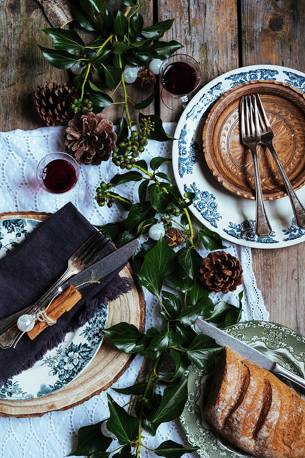 A Table Laid For Christmas With Red Wine And Bread seen From Above Photograph by Lucie Beck