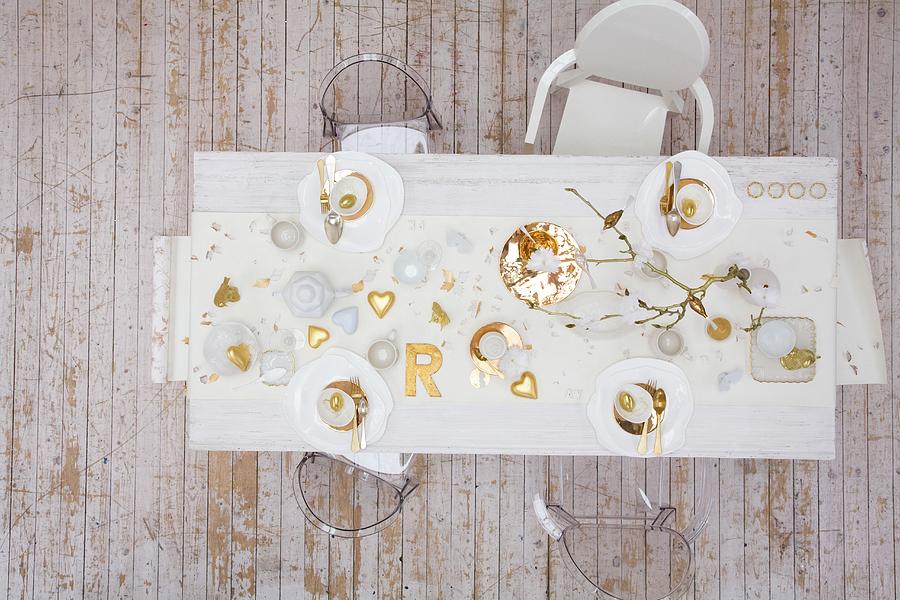 A Table Set For Easter With A White, Gold And Silver Theme top View Photograph by Grossmann.schuerle