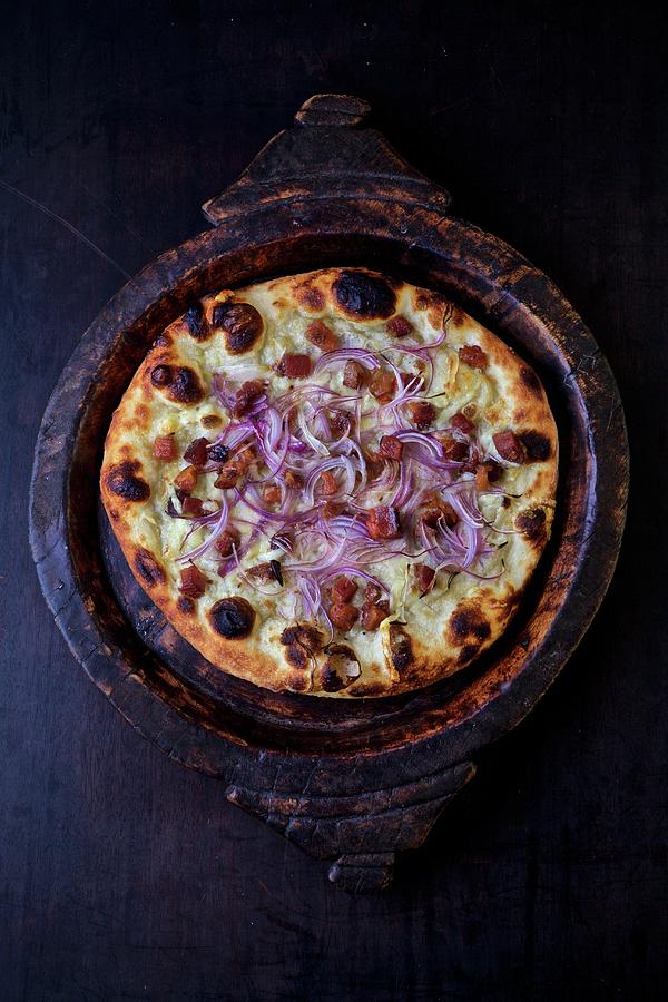 A Tarte Flambe With Onion, Bacon And Crme Frache seen From Above Photograph by Andre Baranowski