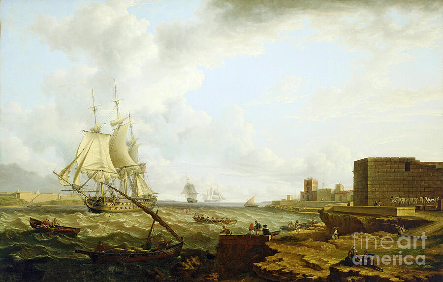 A Third Class British Royal Navy Warship Entering Port Mahon Spain, With A Small Craft That Carries Officers To The Dock On The Right Painting by Charles Martin Powell