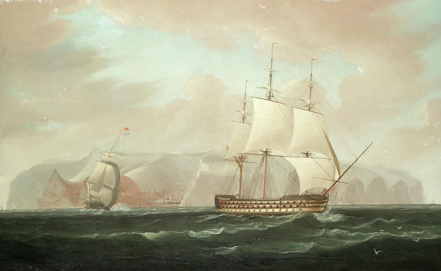 William Huggins Painting - A three-decked ship-of-the-line bearing away from Jamestown, St. Helena, with her escorting frigate by William John Huggins