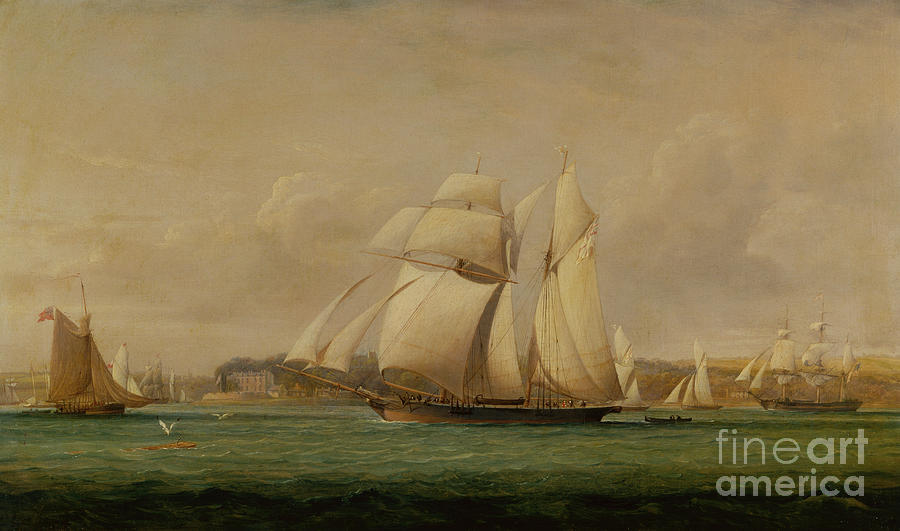 A Top Sail Schooner, Two Royal Yacht Squadron Cutters And An American Merchant Ship Oil Painting by John Christian Schetky