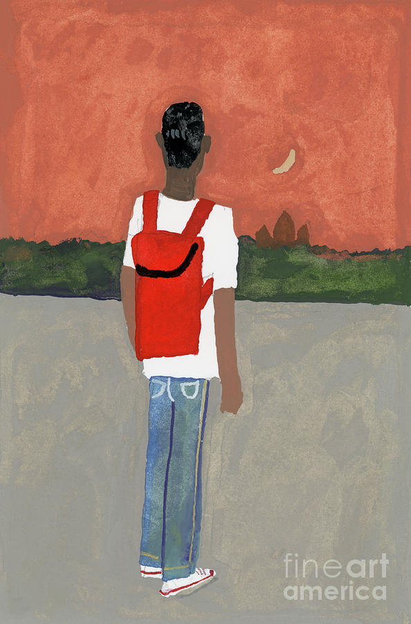 A Traveler Carrying A Red Backpack Painting by Hiroyuki Izutsu