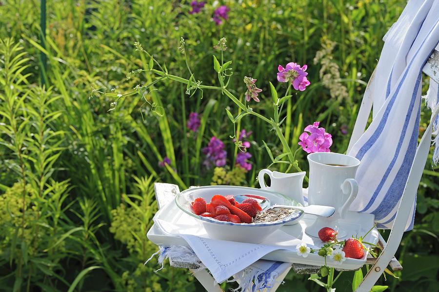 A Tray With Muesli, Strawberries And A Coffee Cup On A Garden Chair Photograph by Ursula Sonnenberg