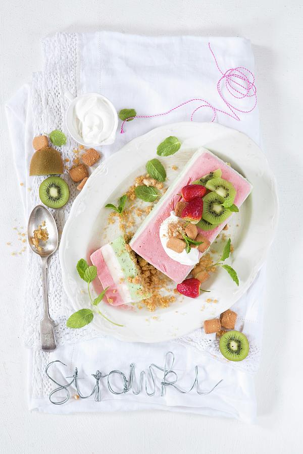 A Triple Layer Ice Cream Terrine With Kiwi, Vanilla, And Strawberry Ice Cream top View Photograph by Great Stock!