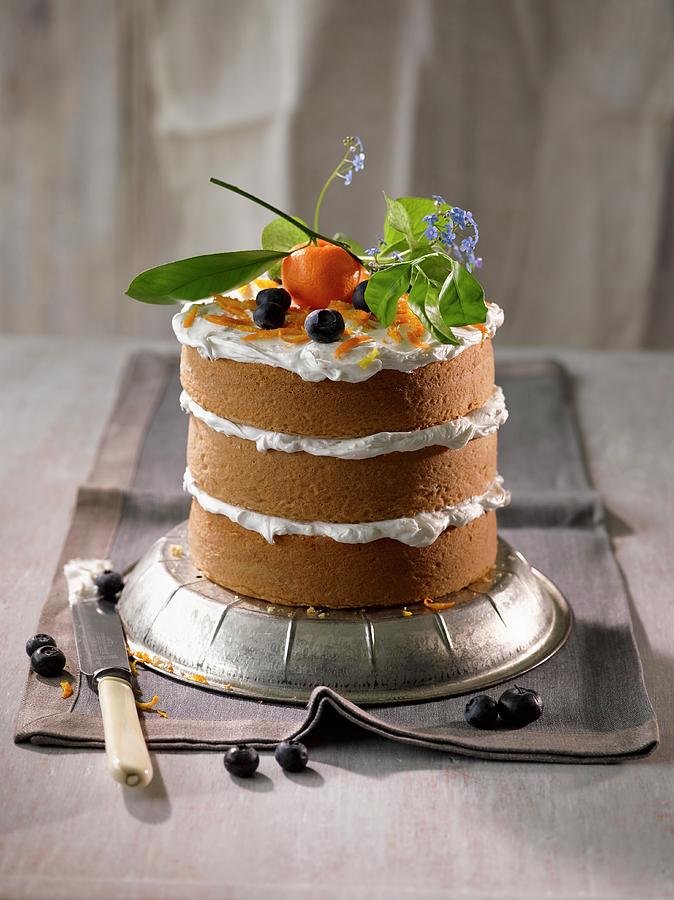 A Triple Layer Mini Cake With A Cream Filling Garnished With Ornamental Oranges Photograph by Laurie Proffitt