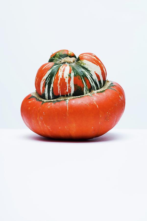 A Turban Squash On A White Surface Photograph by Michael Wissing