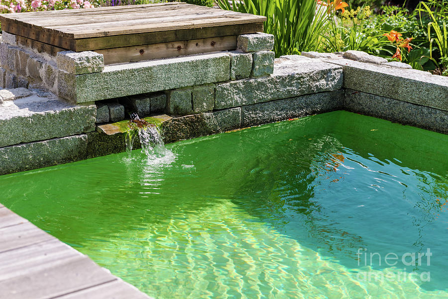 A Turquoise Green Garden Pond Is Framed By Rustic Stone Blocks Green Plants And A Deck Photograph By Ulrich Wende