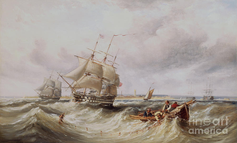 A Two Decker Leaving Port With Other Warships Anchored In The Roadstead Oil Painting by Ebenezer Colls