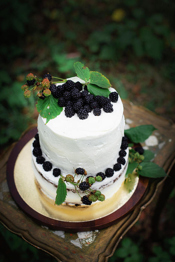 A Two Tier Blackberry Cake On An Outdoor Table Photograph by Justina Ramanauskiene