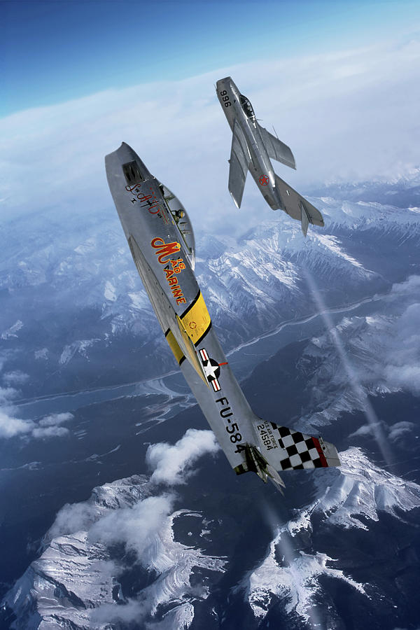 A U.S. Air Force F-86F Sabre Jet and North Korean MiG-15 Mixed Media by Erik Simonsen