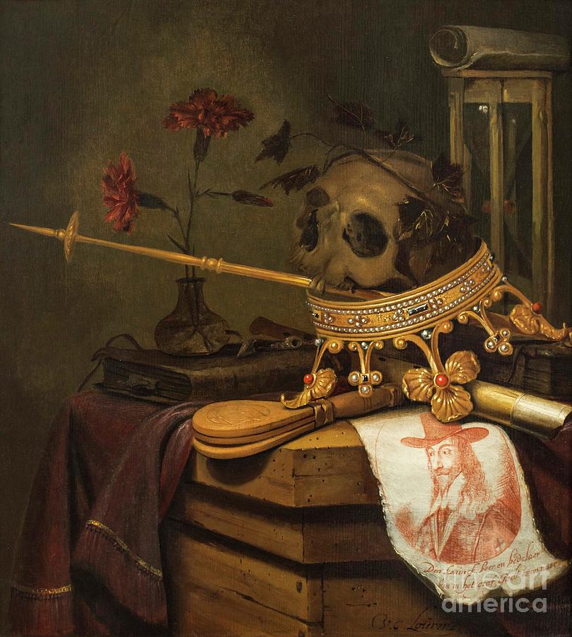 A Vanitas Still Life With A Skull, Crown, Sceptre, Flute, Bellows, Hourglass,  Carnations In A Glass Vase, Scroll, Book And An Engraved Portrait Of  Charles I Painting by Vincent Laurensz Van Der