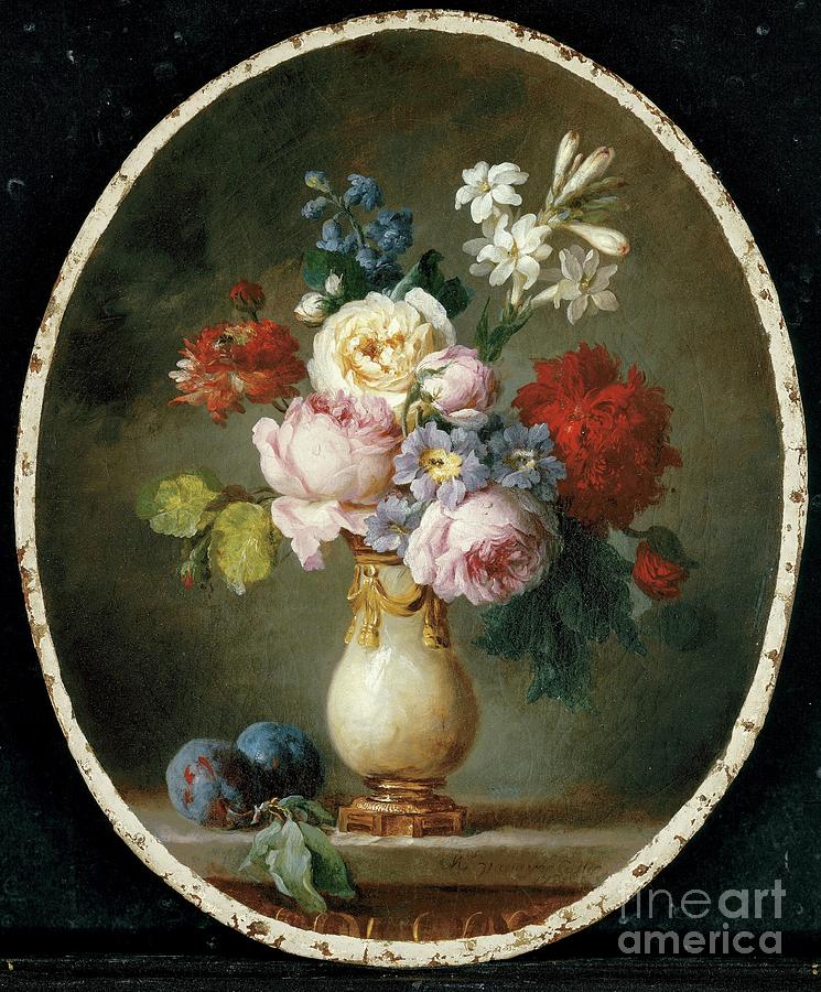 A Vase Of Flowers And Two Plums On A Marble Tabletop, 1781 Painting by Anne Vallayer-coster