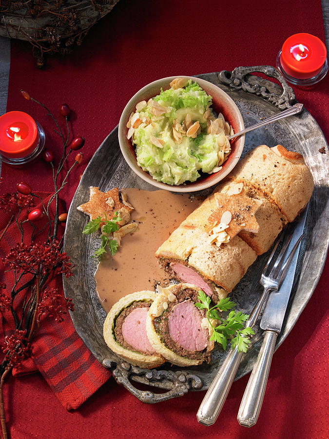 A Veal Fillet Wrapped In Brioche With Savoy Cabbage Puree For Christmas Photograph by Jan-peter Westermann