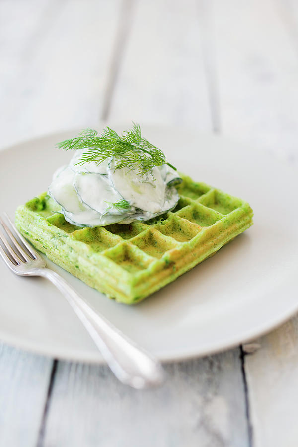 A Vegan Pea Waffle With Cucumber Yogurt Photograph by Jan Wischnewski
