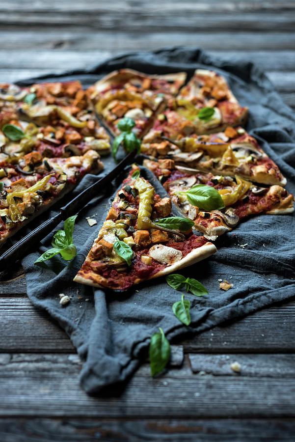 A Vegan Pizza With Pepperoni, Mushrooms, Courgette, Tofu And A Cheese Alternative Photograph by Kati Neudert