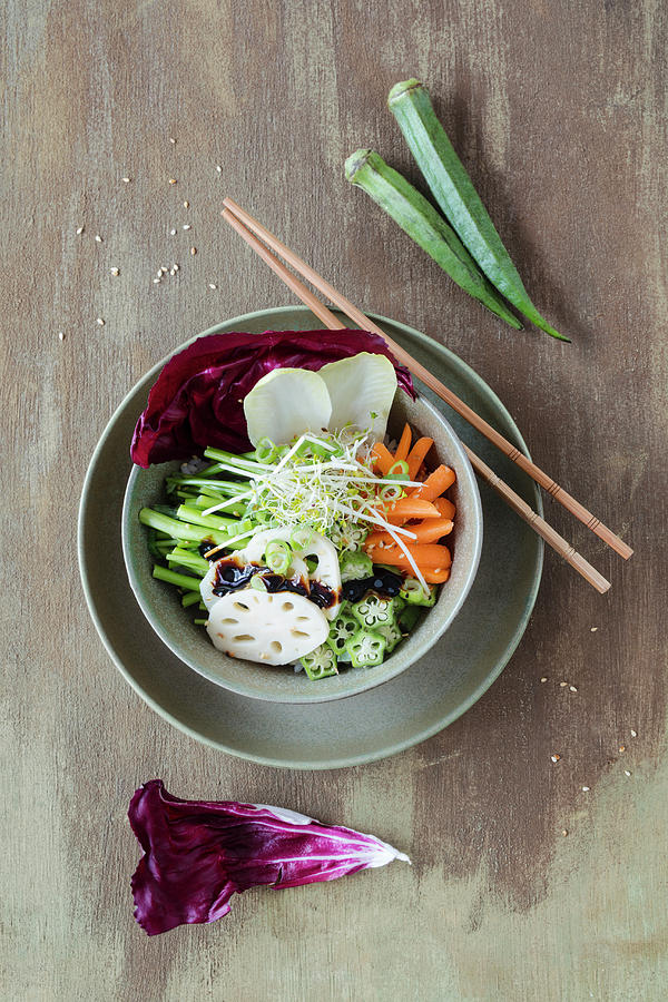 A Vegan Poke Bowl With Pickled Lotus Roots, Water Spinach, Sushi Rice, Okra And Sprouts hawaii Photograph by Jan Wischnewski