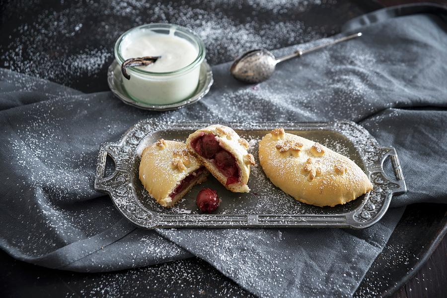 A Vegan Yeast Pastry Filled With Sour Cherries And Vanilla Sauce Photograph by Kati Neudert