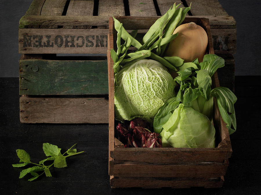 A Vegetable Crate With Cabbages, Squash And Green Beans Photograph by Studio-344