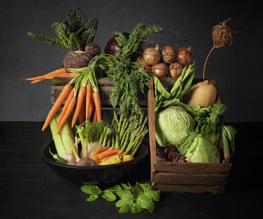 Still Life Photograph - A Vegetable Still Life With Wooden Crates And A Basket by Studio-344