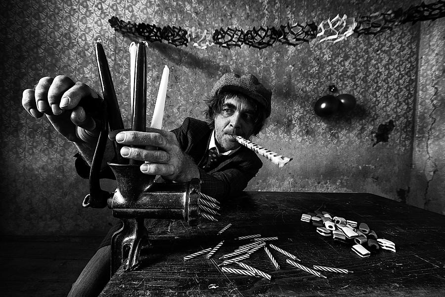 Black And White Photograph - A Very Merry Unbirthday To  Me! by Mario Grobenski - Psychodaddy