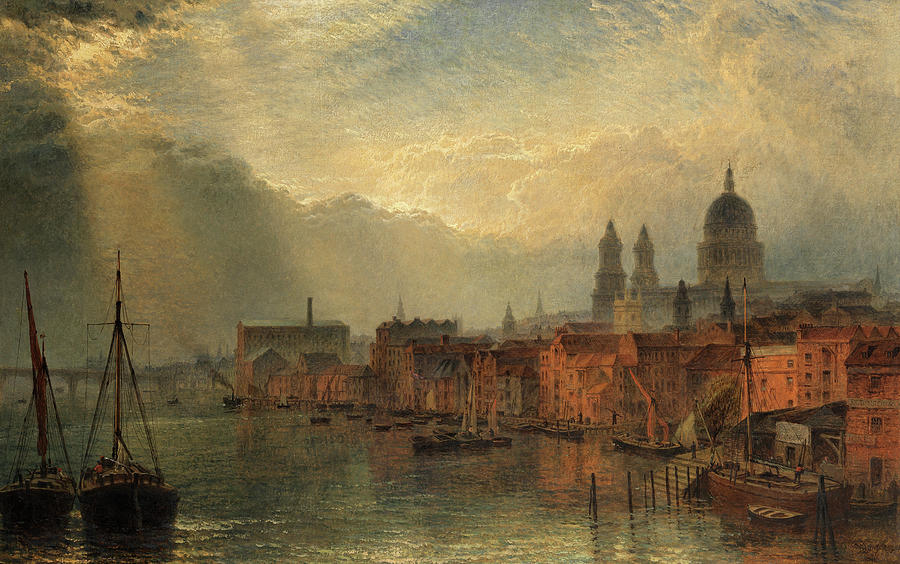 Henry Dawson Painting - A view of the river Thames looking towards St. Pauls by Henry Dawson