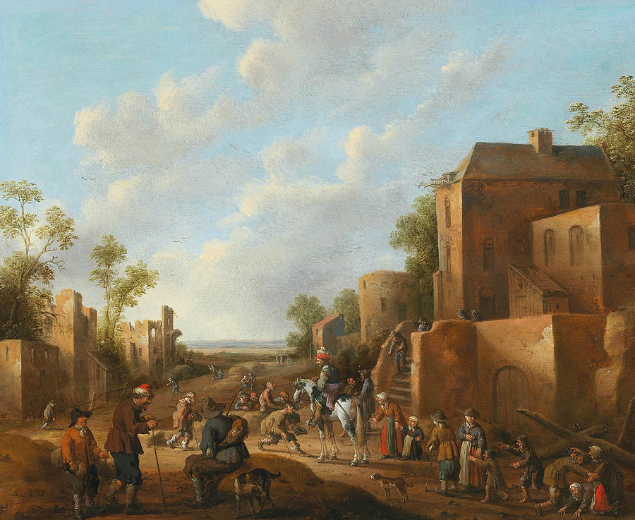 Dutch Painters Painting - A Village Landscape with Country Folk Near a Tavern by Joost Cornelisz Droochsloot