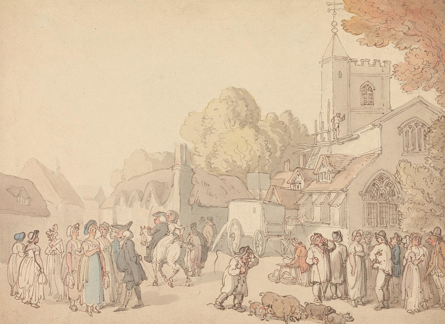 A Village Scene outside a Church Drawing by Thomas Rowlandson