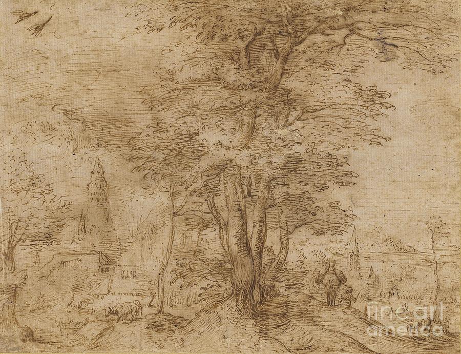 A Village With A Group Of Trees And A Mule, C.1552-54 Drawing by Pieter The Elder Bruegel