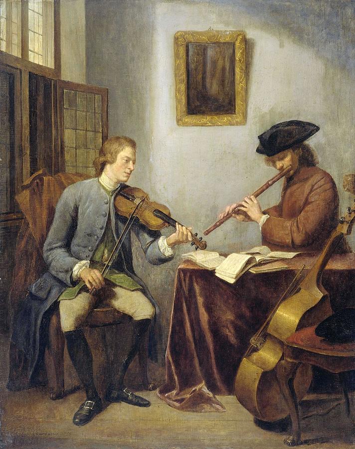 A Violinist and a Flutist Playing Music together -The Musicians-. Painting by Julius Henricus Quinkhard