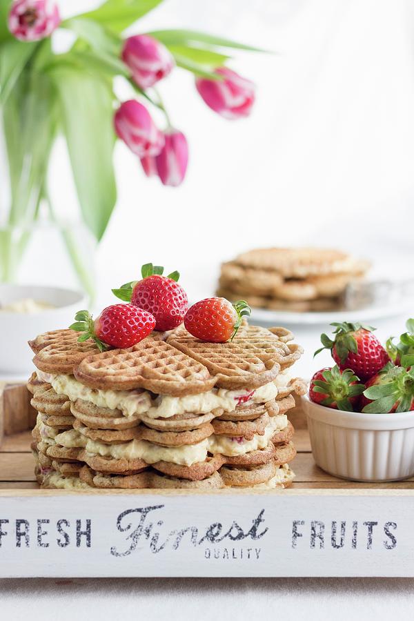 A Waffle Cake With Advocaat Cream And Strawberries Photograph by Tamara Staab