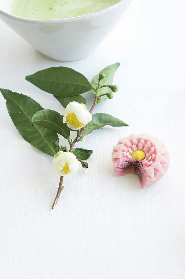 A Wagashi Chrysanthemum kiku Next To A Flowering Sprig Of Tea Leaves And A Bowl Of Matcha Tea Photograph by Martina Schindler